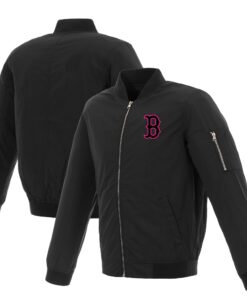 Boston Red Sox JH Design Women's Nylon Bomber Jacket - Black/Pink
