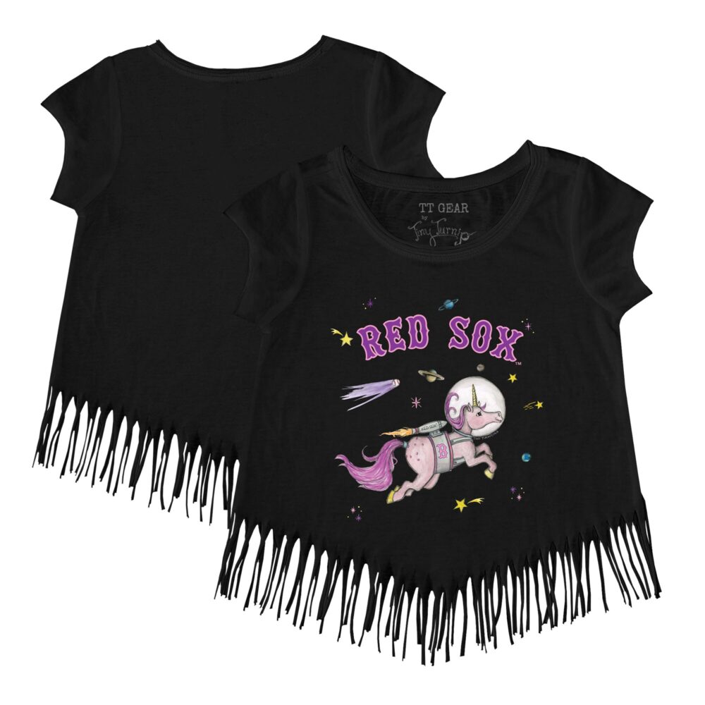 Girls Toddler Boston Red Sox Tiny Turnip Black Space Unicorn Fringe T-Shirt