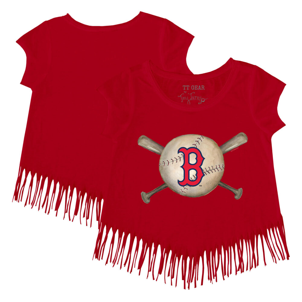 Girls Toddler Boston Red Sox Tiny Turnip Red Baseball Cross Bats Fringe T-Shirt