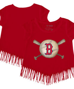 Girls Toddler Boston Red Sox Tiny Turnip Red Baseball Cross Bats Fringe T-Shirt
