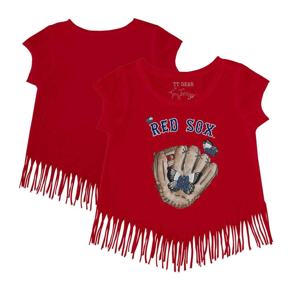 Girls Toddler Boston Red Sox Tiny Turnip Red Butterfly Glove Fringe T-Shirt