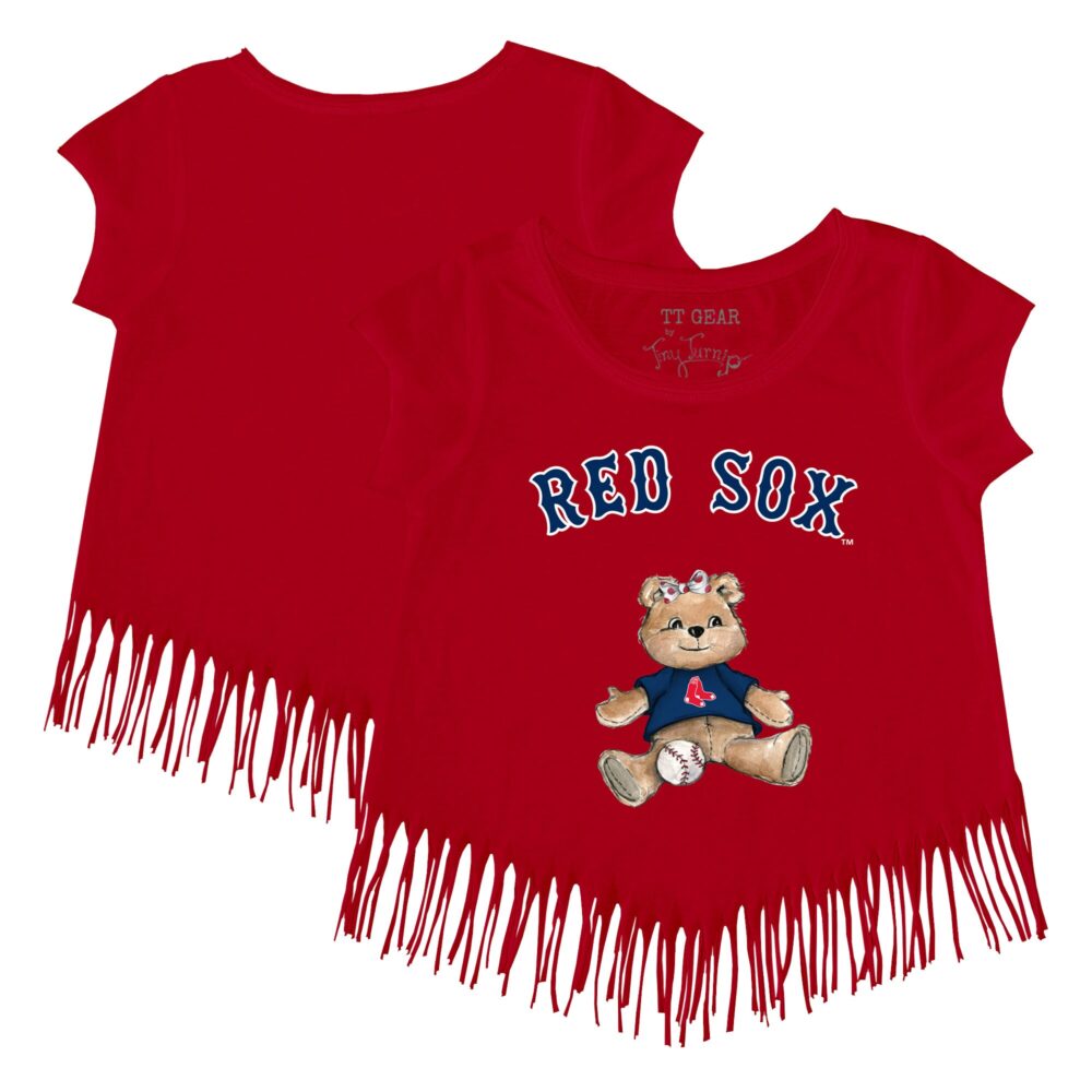 Girls Toddler Boston Red Sox Tiny Turnip Red Girl Teddy Fringe T-Shirt