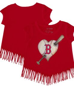 Girls Toddler Boston Red Sox Tiny Turnip Red Heart Bat Fringe T-Shirt