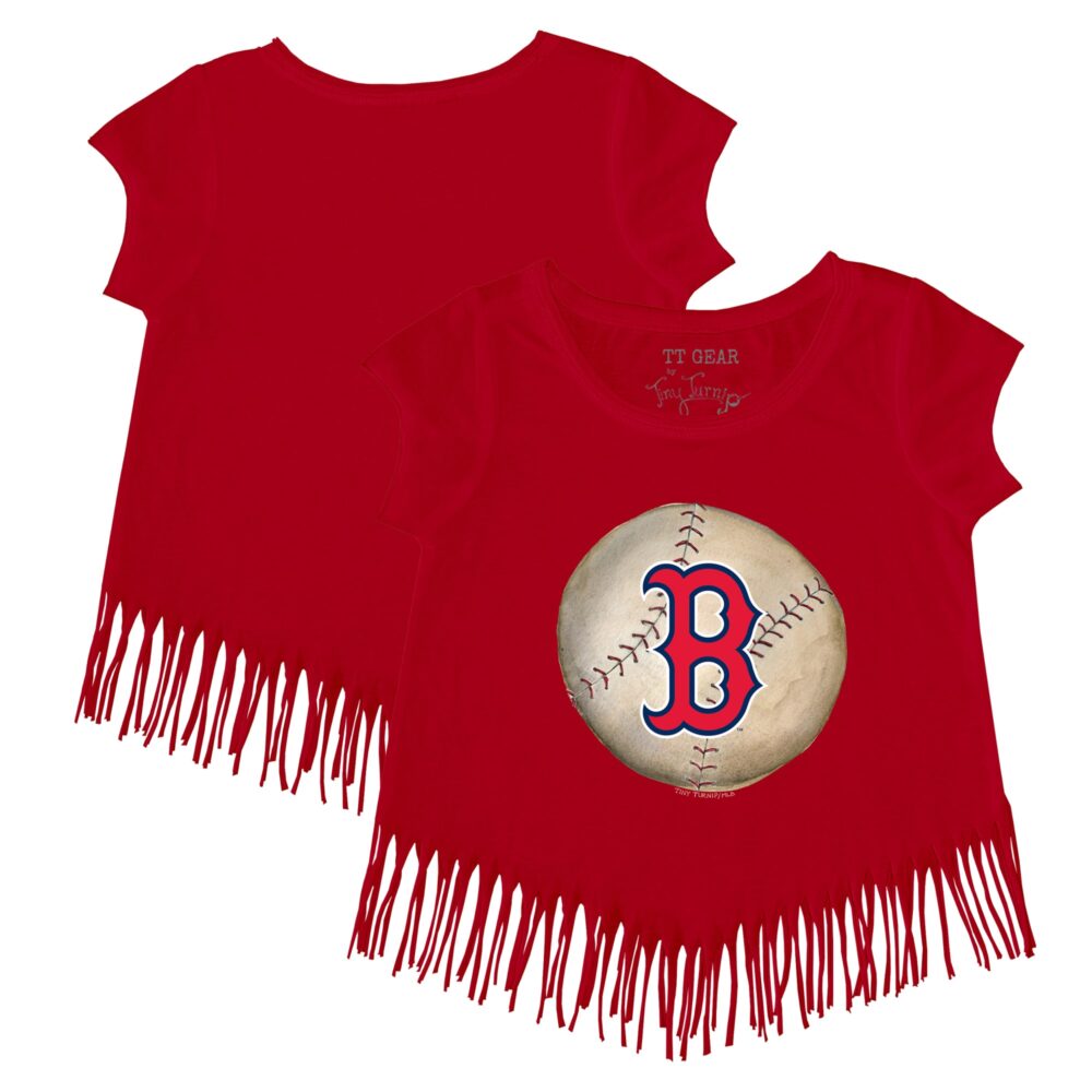 Girls Toddler Boston Red Sox Tiny Turnip Red Stitched Baseball Fringe T-Shirt