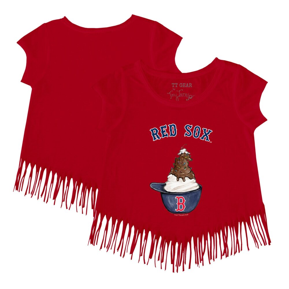 Girls Toddler Boston Red Sox Tiny Turnip Red Sundae Helmet Fringe T-Shirt