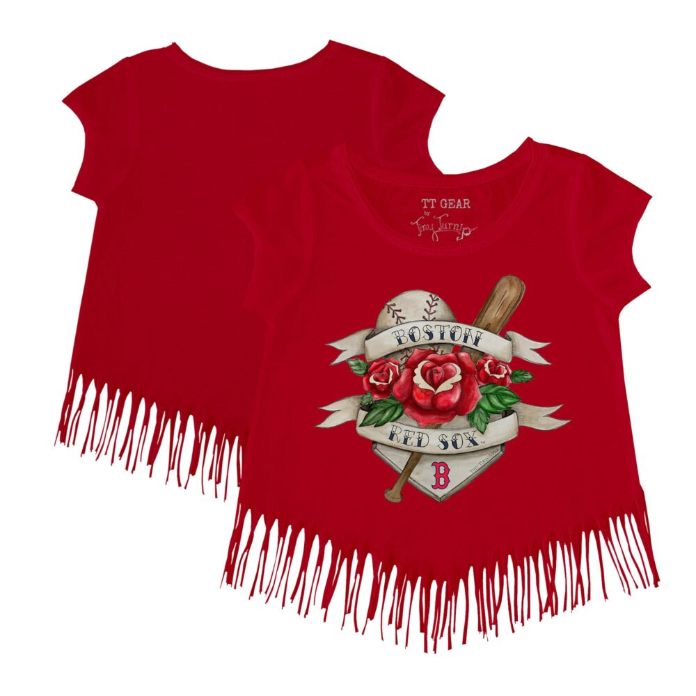 Girls Toddler Boston Red Sox Tiny Turnip Red Tattoo Rose Fringe T-Shirt