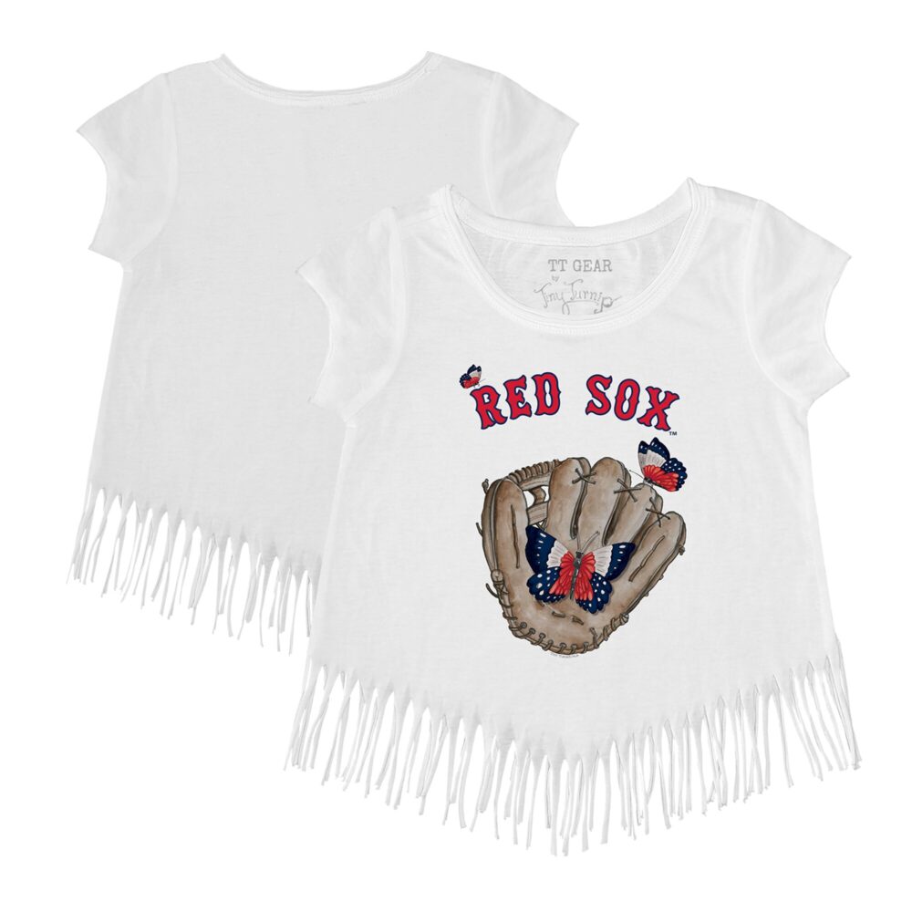 Girls Toddler Boston Red Sox Tiny Turnip White Butterfly Glove Fringe T-Shirt