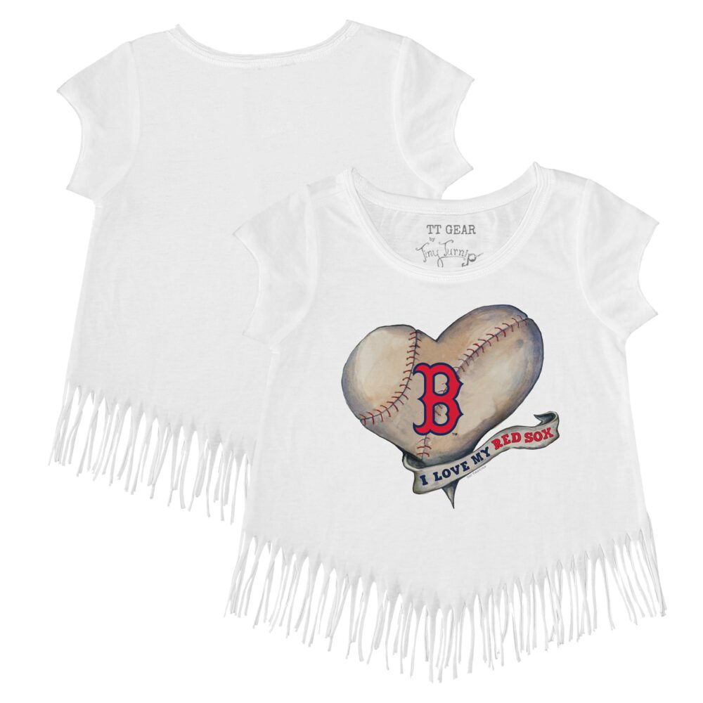 Girls Toddler Boston Red Sox Tiny Turnip White Heart Banner Fringe T-Shirt