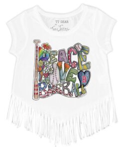 Girls Toddler Boston Red Sox Tiny Turnip White Peace Love Baseball Fringe T-Shirt