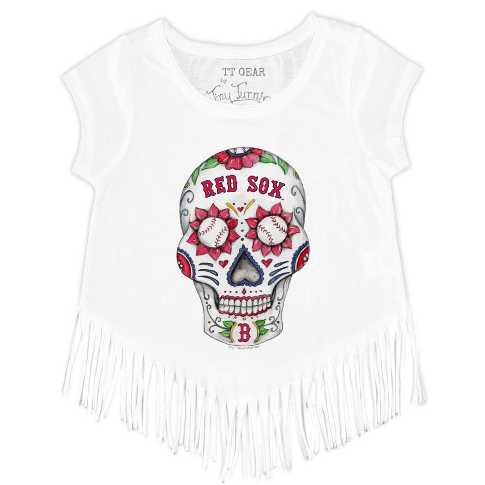 Girls Toddler Boston Red Sox Tiny Turnip White Sugar Skull Fringe T-Shirt