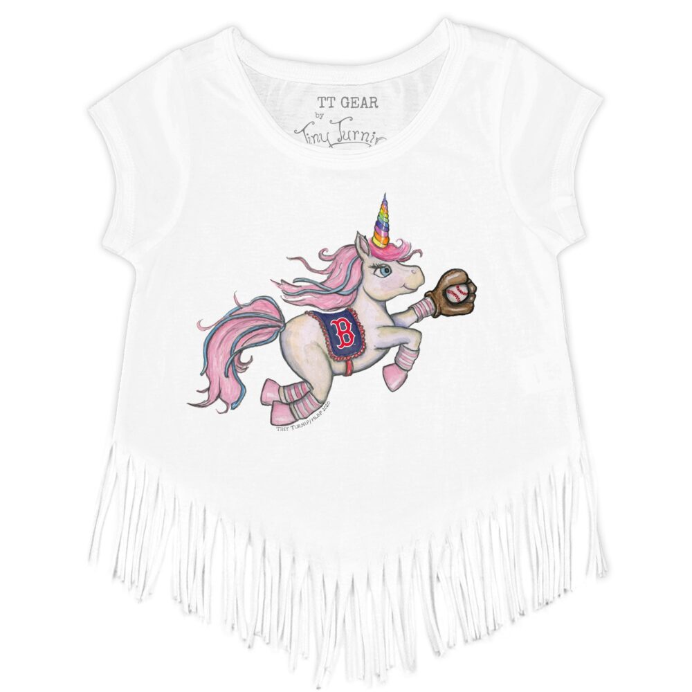 Girls Toddler Boston Red Sox Tiny Turnip White Unicorn Fringe T-Shirt