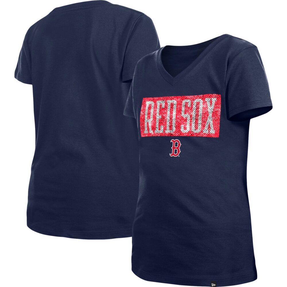 Girls Youth Boston Red Sox New Era Navy Flip Sequin Team V-Neck T-Shirt