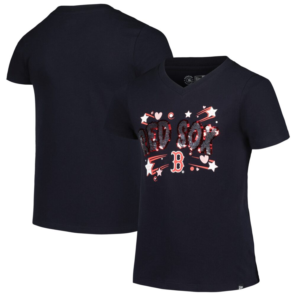 Girls Youth Boston Red Sox New Era Navy Sequin V-Neck T-Shirt