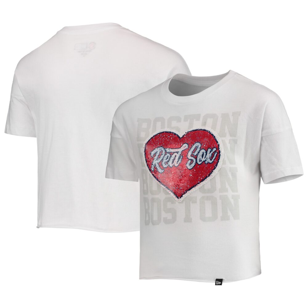 Girls Youth Boston Red Sox New Era White Flip Sequin Heart Crop Top