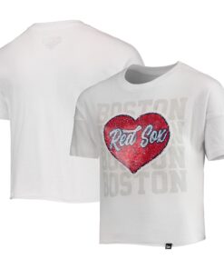 Girls Youth Boston Red Sox New Era White Flip Sequin Heart Crop Top