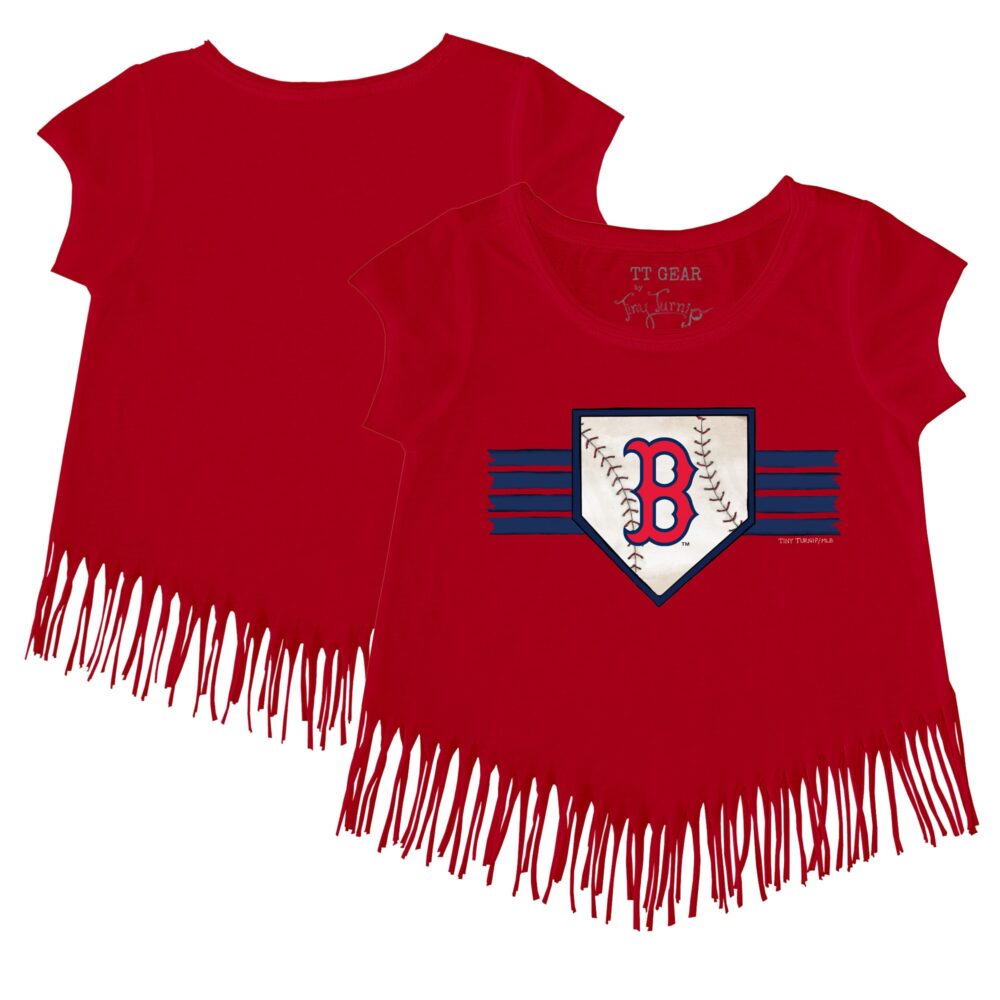 Girls Youth Boston Red Sox Tiny Turnip Red Base Stripe Fringe T-Shirt