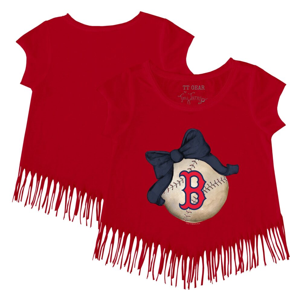 Girls Youth Boston Red Sox Tiny Turnip Red Baseball Bow Fringe T-Shirt