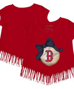 Girls Youth Boston Red Sox Tiny Turnip Red Baseball Bow Fringe T-Shirt