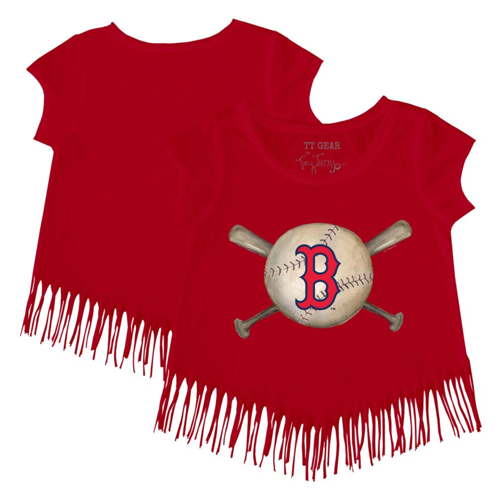 Girls Youth Boston Red Sox Tiny Turnip Red Baseball Cross Bats Fringe T-Shirt