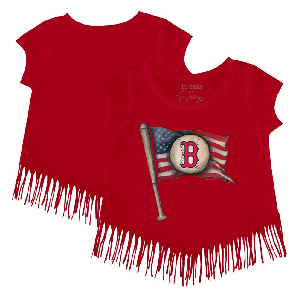 Girls Youth Boston Red Sox Tiny Turnip Red Baseball Flag Fringe T-Shirt