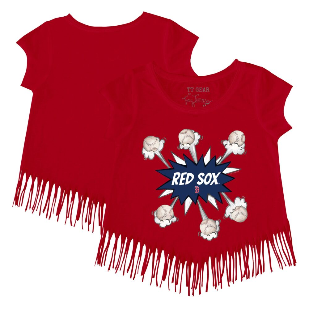 Girls Youth Boston Red Sox Tiny Turnip Red Baseball Pow Fringe T-Shirt