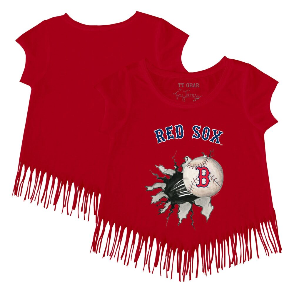Girls Youth Boston Red Sox Tiny Turnip Red Baseball Tear Fringe T-Shirt