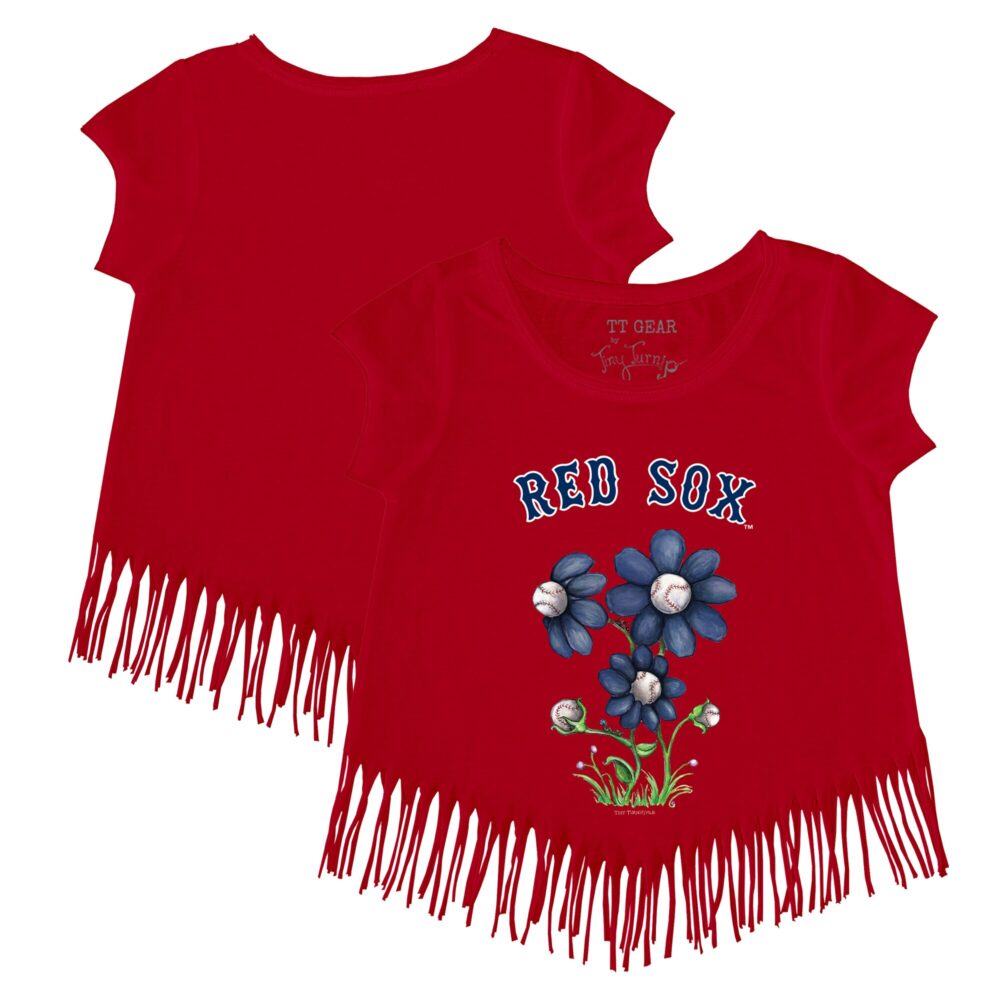 Girls Youth Boston Red Sox Tiny Turnip Red Blooming Baseballs Fringe T-Shirt
