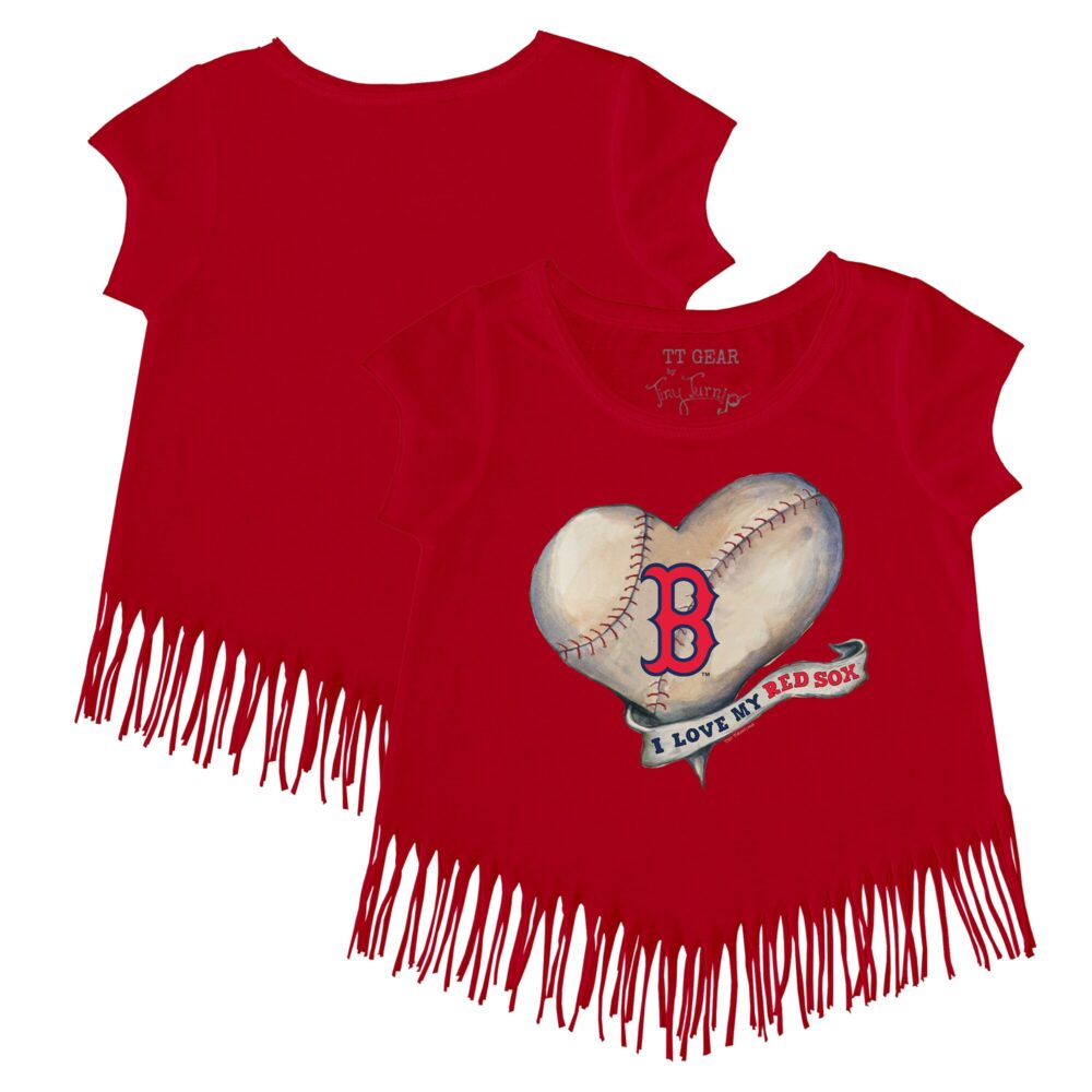 Girls Youth Boston Red Sox Tiny Turnip Red Heart Banner Fringe T-Shirt