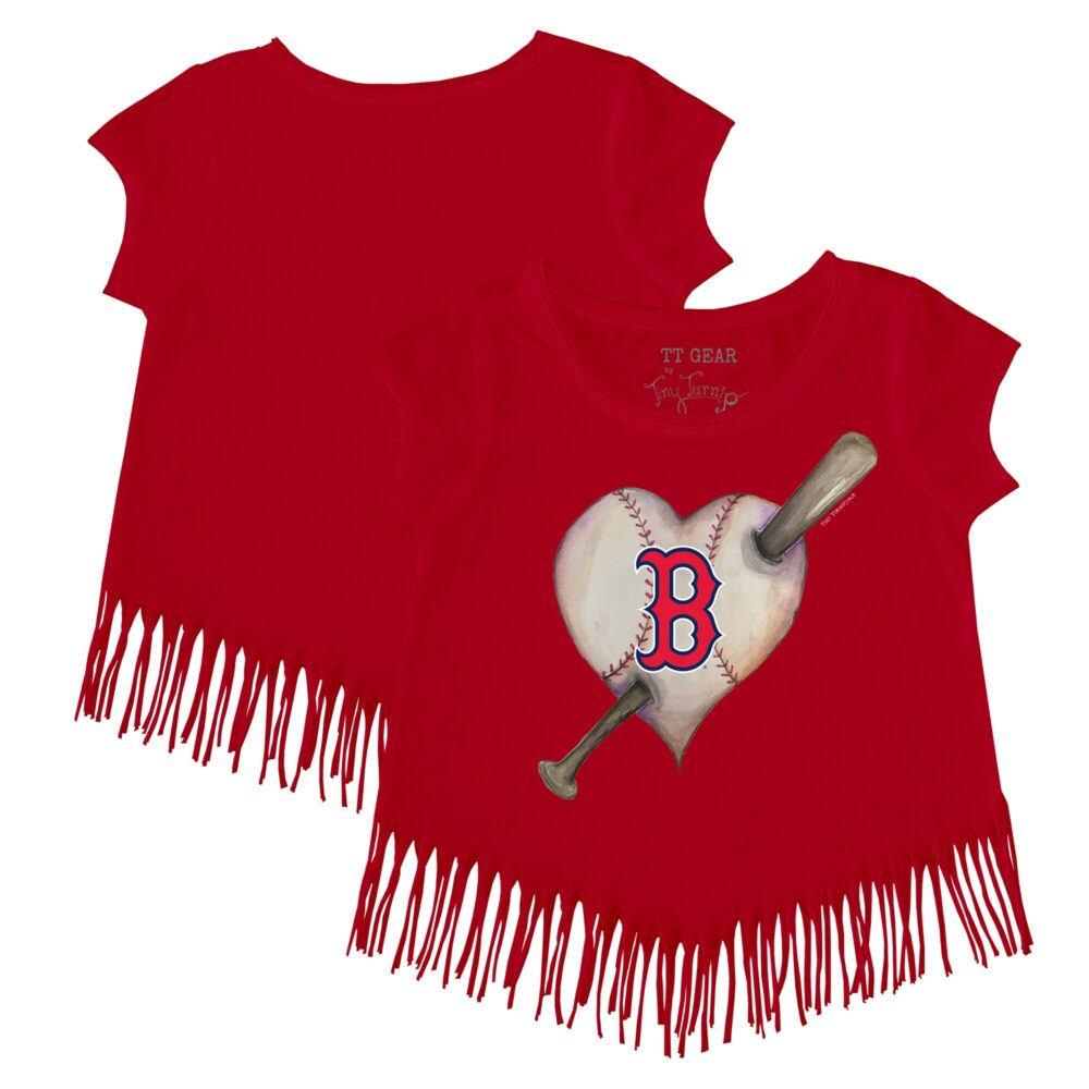 Girls Youth Boston Red Sox Tiny Turnip Red Heart Bat Fringe T-Shirt