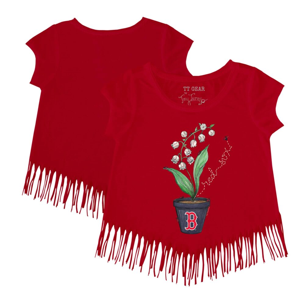 Girls Youth Boston Red Sox Tiny Turnip Red Lilies & Ladybugs Fringe T-Shirt
