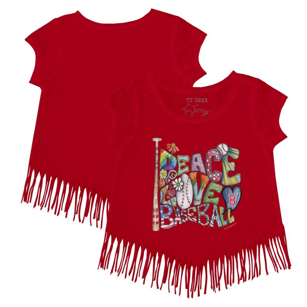 Girls Youth Boston Red Sox Tiny Turnip Red Peace Love Baseball Fringe T-Shirt