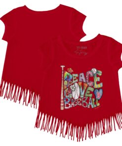 Girls Youth Boston Red Sox Tiny Turnip Red Peace Love Baseball Fringe T-Shirt