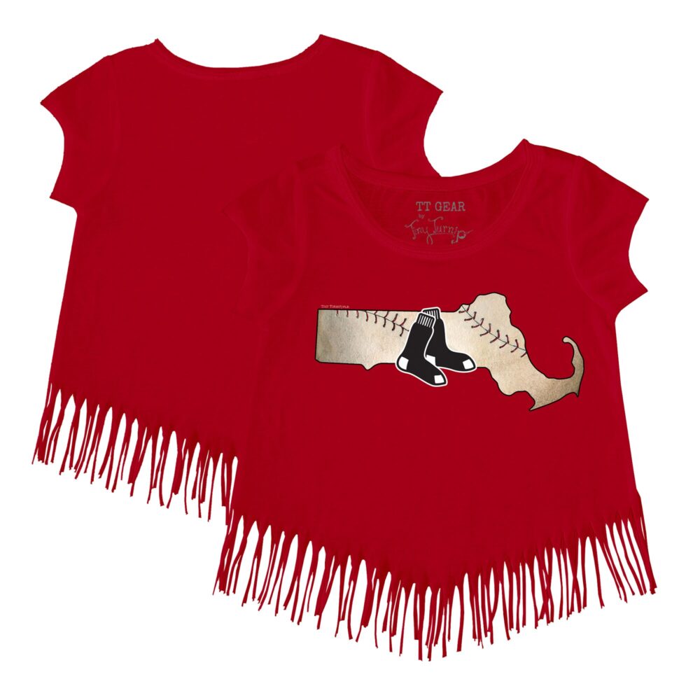 Girls Youth Boston Red Sox Tiny Turnip Red State Outline Fringe T-Shirt