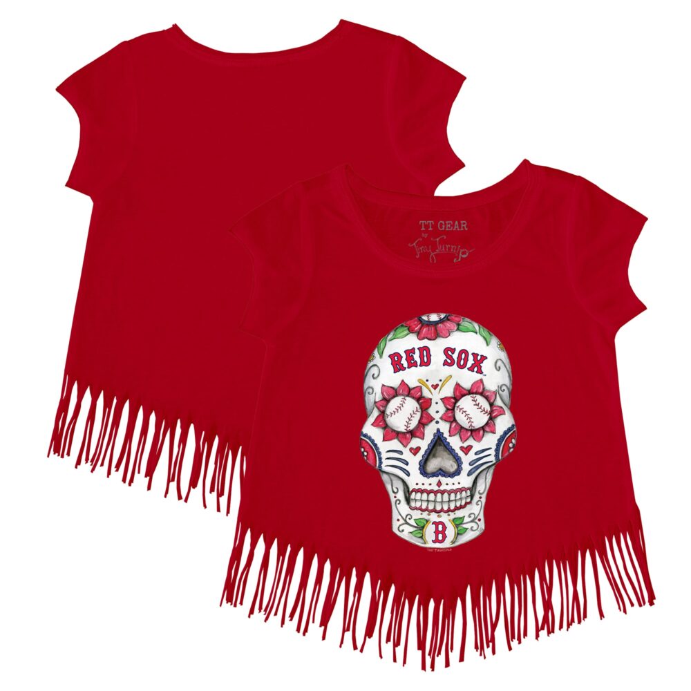 Girls Youth Boston Red Sox Tiny Turnip Red Sugar Skull Fringe T-Shirt