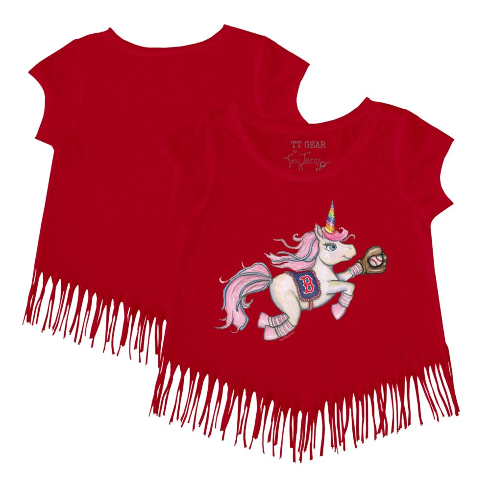 Girls Youth Boston Red Sox Tiny Turnip Red Unicorn Fringe T-Shirt