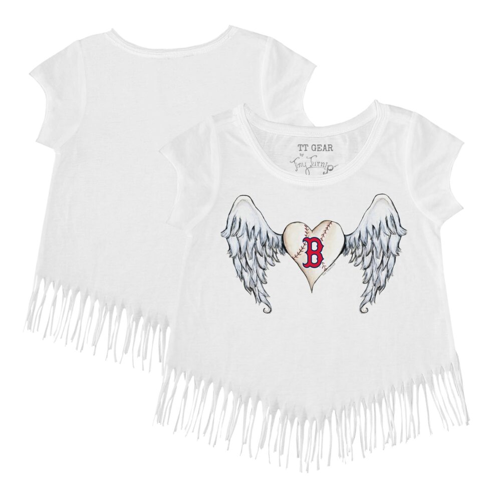 Girls Youth Boston Red Sox Tiny Turnip White Angel Wings Fringe T-Shirt
