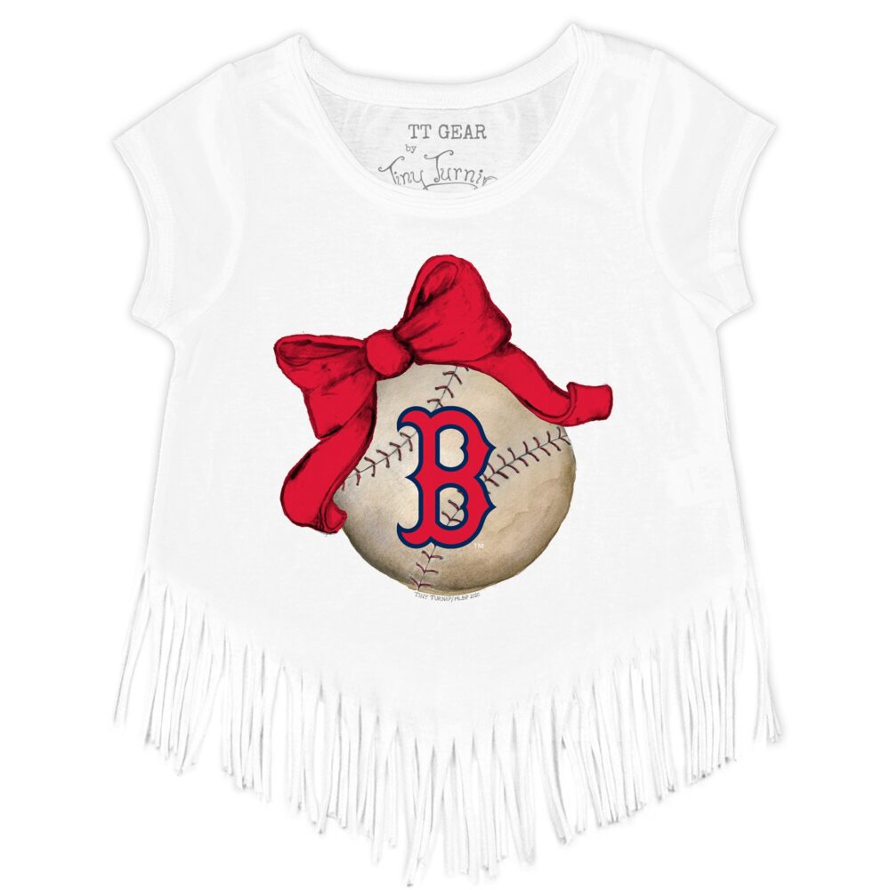 Girls Youth Boston Red Sox Tiny Turnip White Baseball Bow Fringe T-Shirt