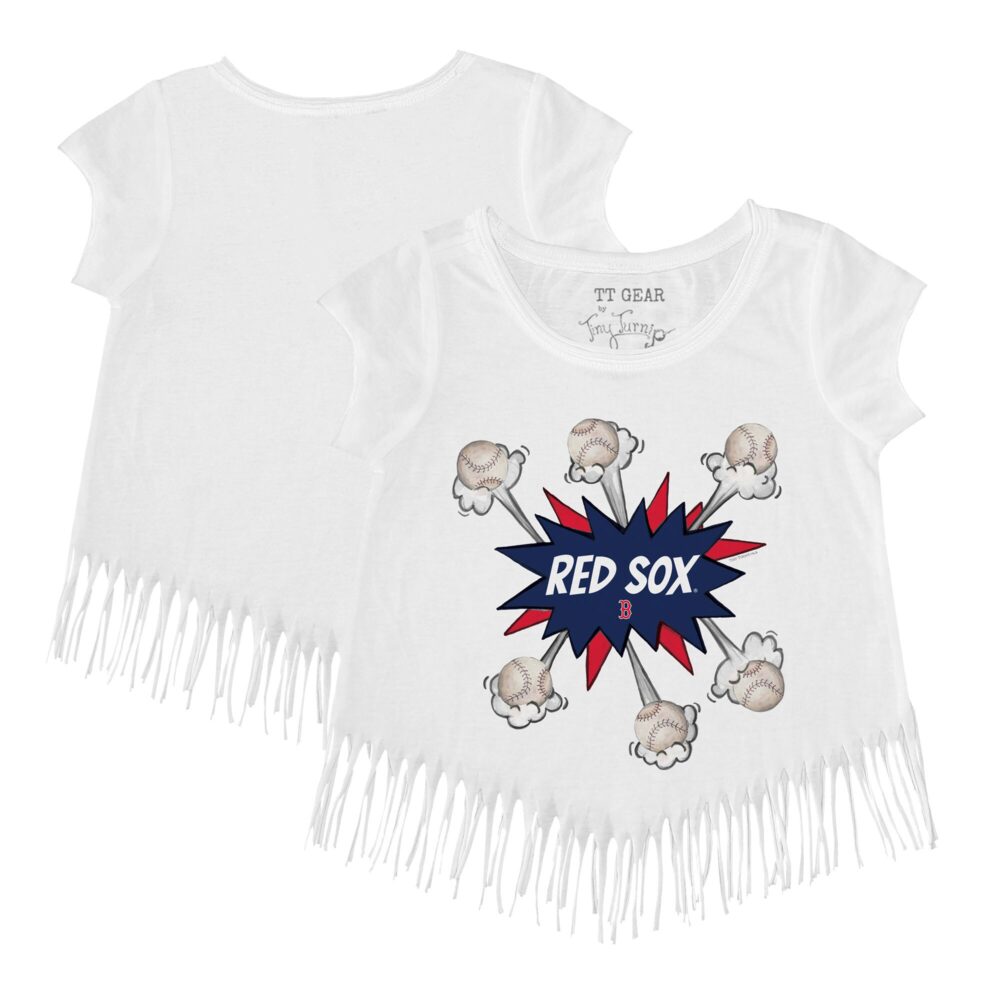 Girls Youth Boston Red Sox Tiny Turnip White Baseball Pow Fringe T-Shirt