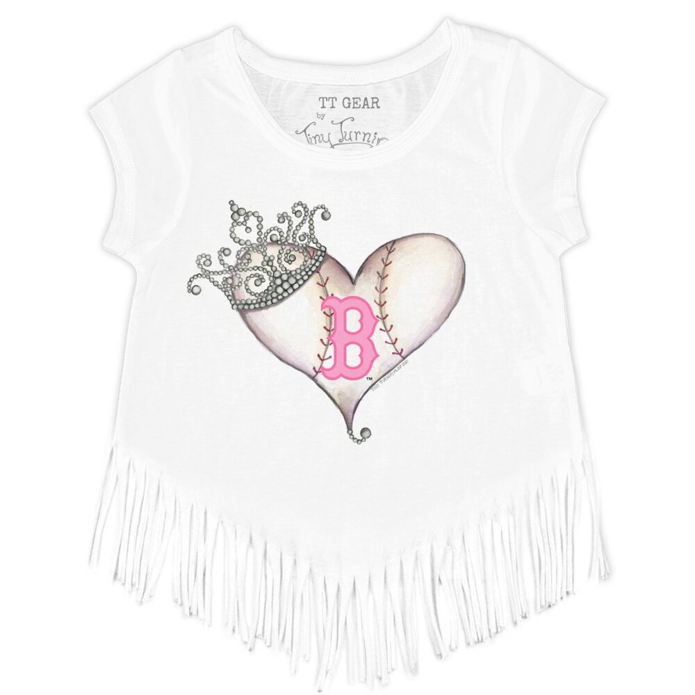 Girls Youth Boston Red Sox Tiny Turnip White Baseball Tiara Heart Fringe T-Shirt