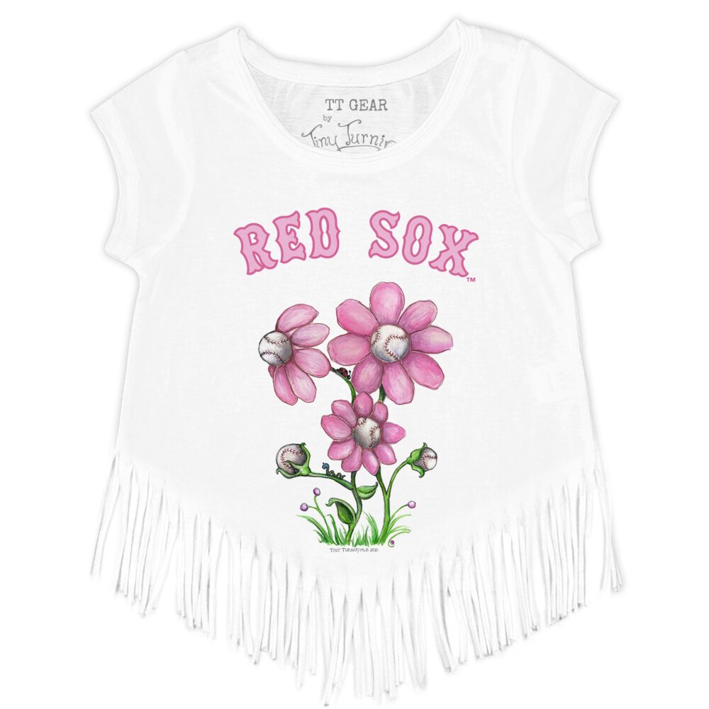 Girls Youth Boston Red Sox Tiny Turnip White Blooming Baseballs Fringe T-Shirt