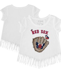 Girls Youth Boston Red Sox Tiny Turnip White Butterfly Glove Fringe T-Shirt