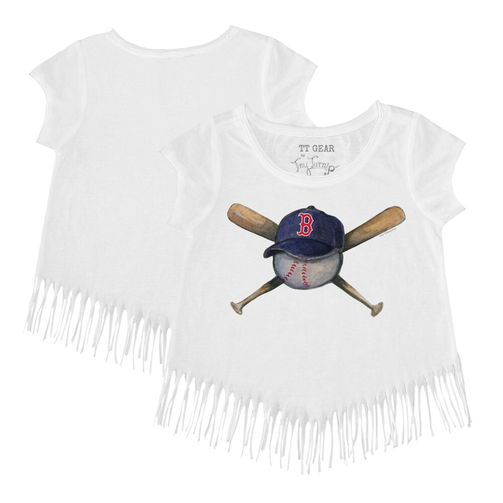 Girls Youth Boston Red Sox Tiny Turnip White Hat Crossbats Fringe T-Shirt
