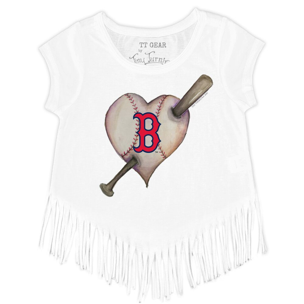 Girls Youth Boston Red Sox Tiny Turnip White Heart Bat Fringe T-Shirt