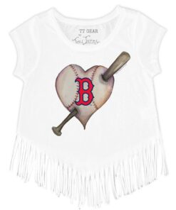 Girls Youth Boston Red Sox Tiny Turnip White Heart Bat Fringe T-Shirt
