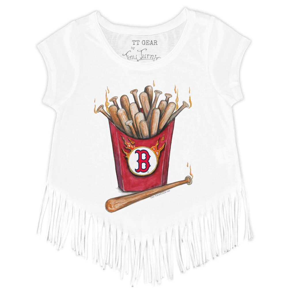Girls Youth Boston Red Sox Tiny Turnip White Hot Bats Fringe T-Shirt