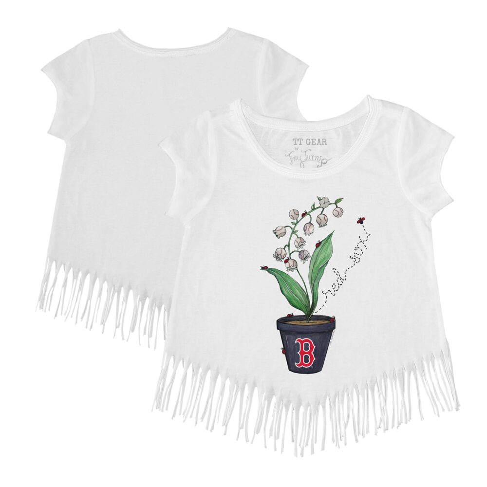 Girls Youth Boston Red Sox Tiny Turnip White Lilies & Ladybugs Fringe T-Shirt