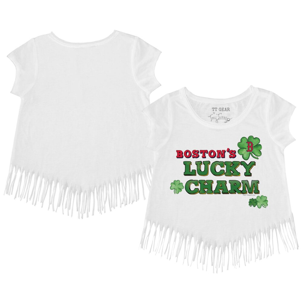Girls Youth Boston Red Sox Tiny Turnip White Lucky Charm Fringe T-Shirt