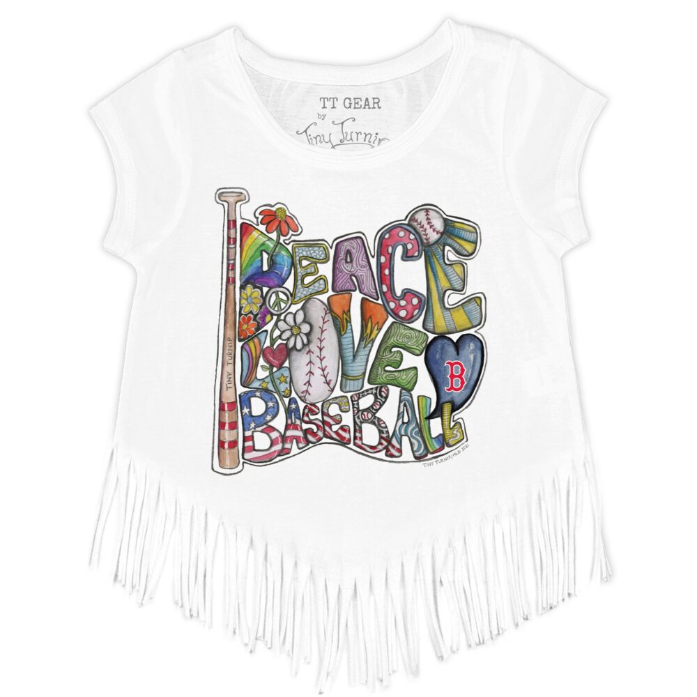 Girls Youth Boston Red Sox Tiny Turnip White Peace Love Baseball Fringe T-Shirt