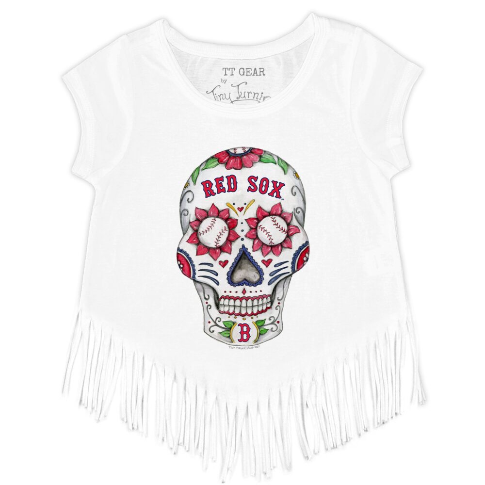 Girls Youth Boston Red Sox Tiny Turnip White Sugar Skull Fringe T-Shirt