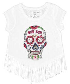 Girls Youth Boston Red Sox Tiny Turnip White Sugar Skull Fringe T-Shirt